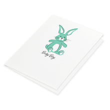 Baby Boy Bunny greeting card featuring a toy bunny is screen printed in blue and black inks.