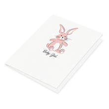 Baby Girl Bunny card featuring a hand drawing of a toy stuffed bunny screen printed in pink and black inks.