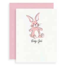 Baby Girl Bunny card featuring a hand drawing of a toy stuffed bunny screen printed in pink and black inks.