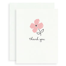 Petite Blush Flower thank you card screen printed in pink and black inks on white paper, blank inside.