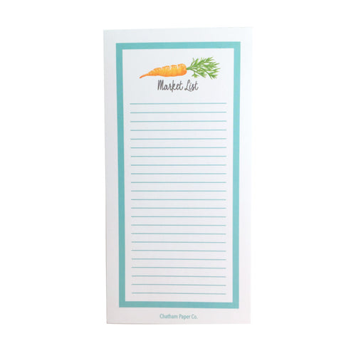Hand illustrated carrot on lined notepad with blue border.