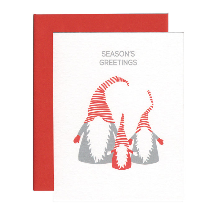 Season's Greetings Christmas Gnomes card featuring simple gnomes with red and white striped hats.
