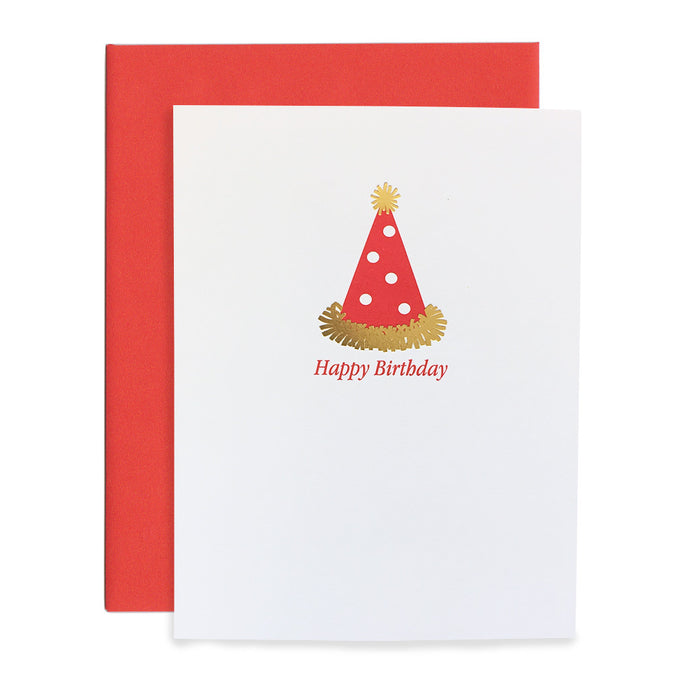 Happy Birthday greeting card with red party hat and gold foil fringe.