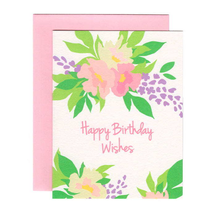 Happy Birthday Wishes greeting card with Peony flower artwork.