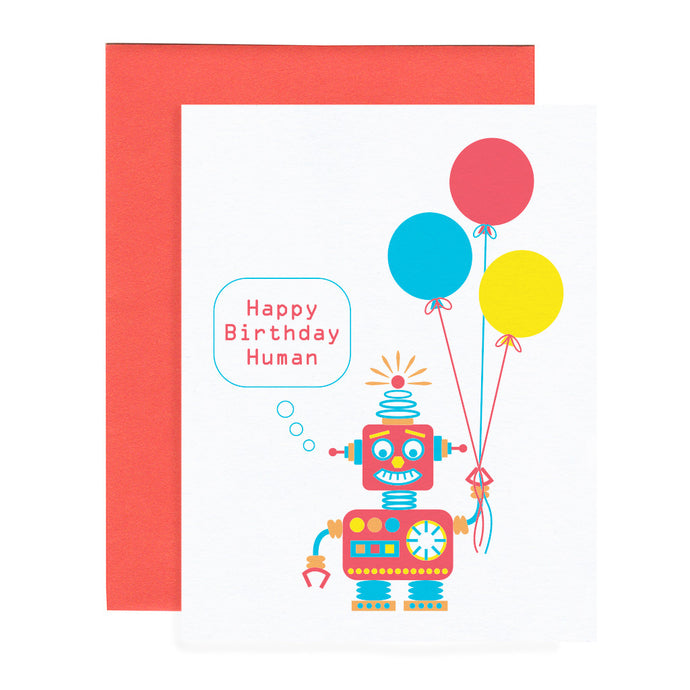Happy Birthday Human robot birthday card in primary colors.