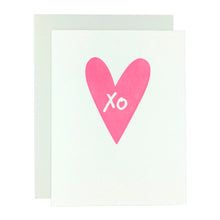 hand lettered X O in large pink heart greeting card