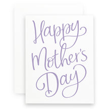 Front of card says Happy Mother's Day in large purple calligraphy on a white background.