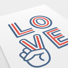 Retro styled red and blue type love and peace sign print.