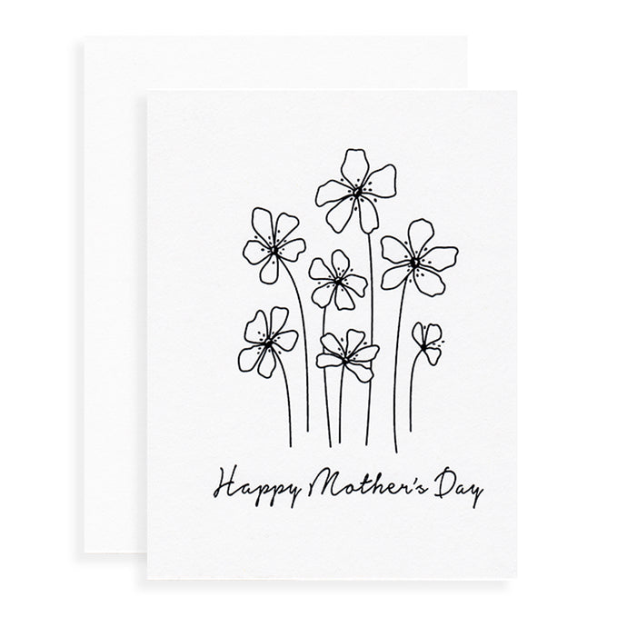 Simple black and white sketch drawing of flowers with inscription Happy Mother's Day.