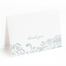Thank you greeting card with soft gray paisley border, single card or boxed sets.