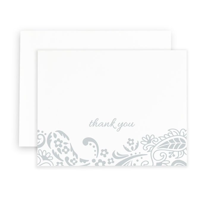 Thank you greeting card with soft gray paisley border, single card or boxed sets.