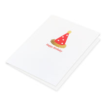 Happy Birthday greeting card with red party hat and gold foil fringe.