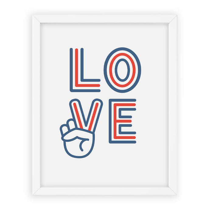 Retro styled red and blue type love and peace sign print.
