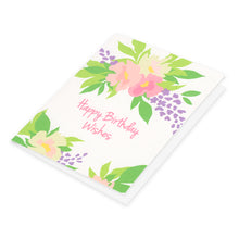 Happy Birthday Wishes greeting card with Peony flower artwork.