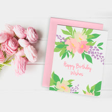 Happy Birthday Wishes greeting card with Peony flower artwork.