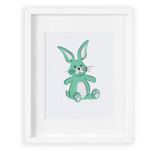 Simple bold print of a toy stuffed bunny in aqua with black accents.
