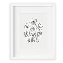 Simple modern hand drawn sketch of flowers screen printed in black ink on white paper.