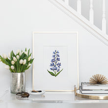 Hand drawn Delphinium flower art print in blues and purples on white background.