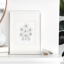 Simple modern hand drawn sketch of flowers screen printed in black ink on white paper.