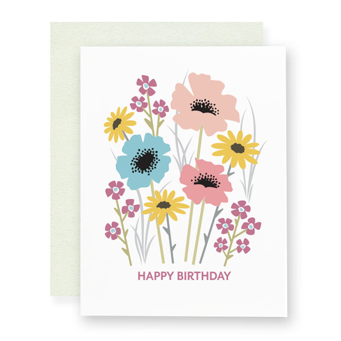 Modern Illustration of wildflower in a field Happy Birthday card.