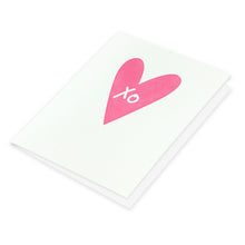 hand lettered X O in large pink heart greeting card