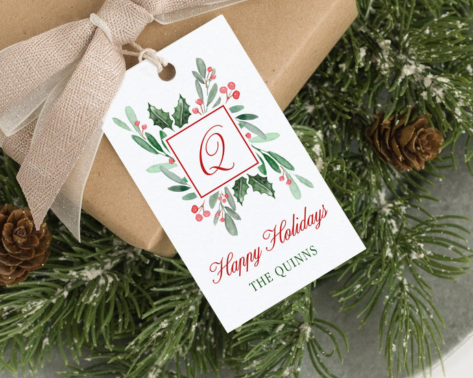 Personalized Winter Greens Watercolor Christmas tag  | Personalized Monogram Christmas Gift Tags