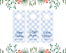 Blue Gingham Personalized Wine Tags | Christmas Wine Gift Tag | Preppy Wine Tag |  Custom Christmas Wine Tag