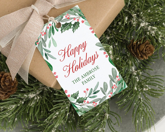 Personalized Winter Greens Border Christmas tag  | Personalized Christmas Gift Tags